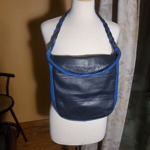 Black And Blue Leather Shoulder Bag with Braided Strap
